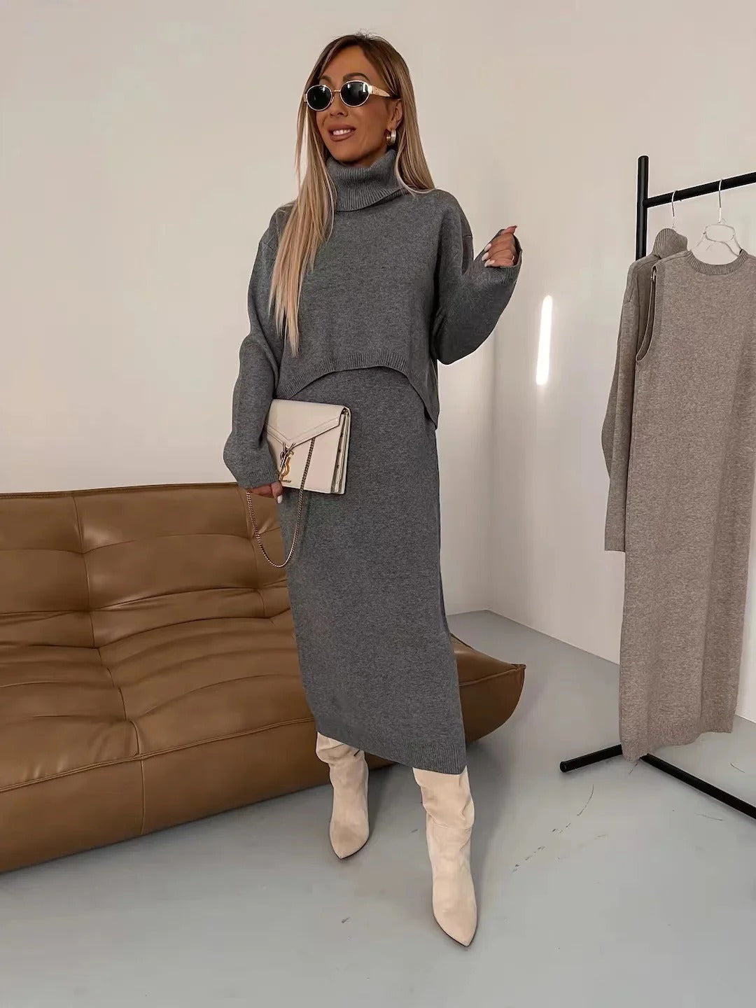 Two-Piece Set with Turtleneck Blouse & Midi Dress