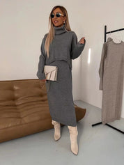 Two-Piece Set with Turtleneck Blouse & Midi Dress