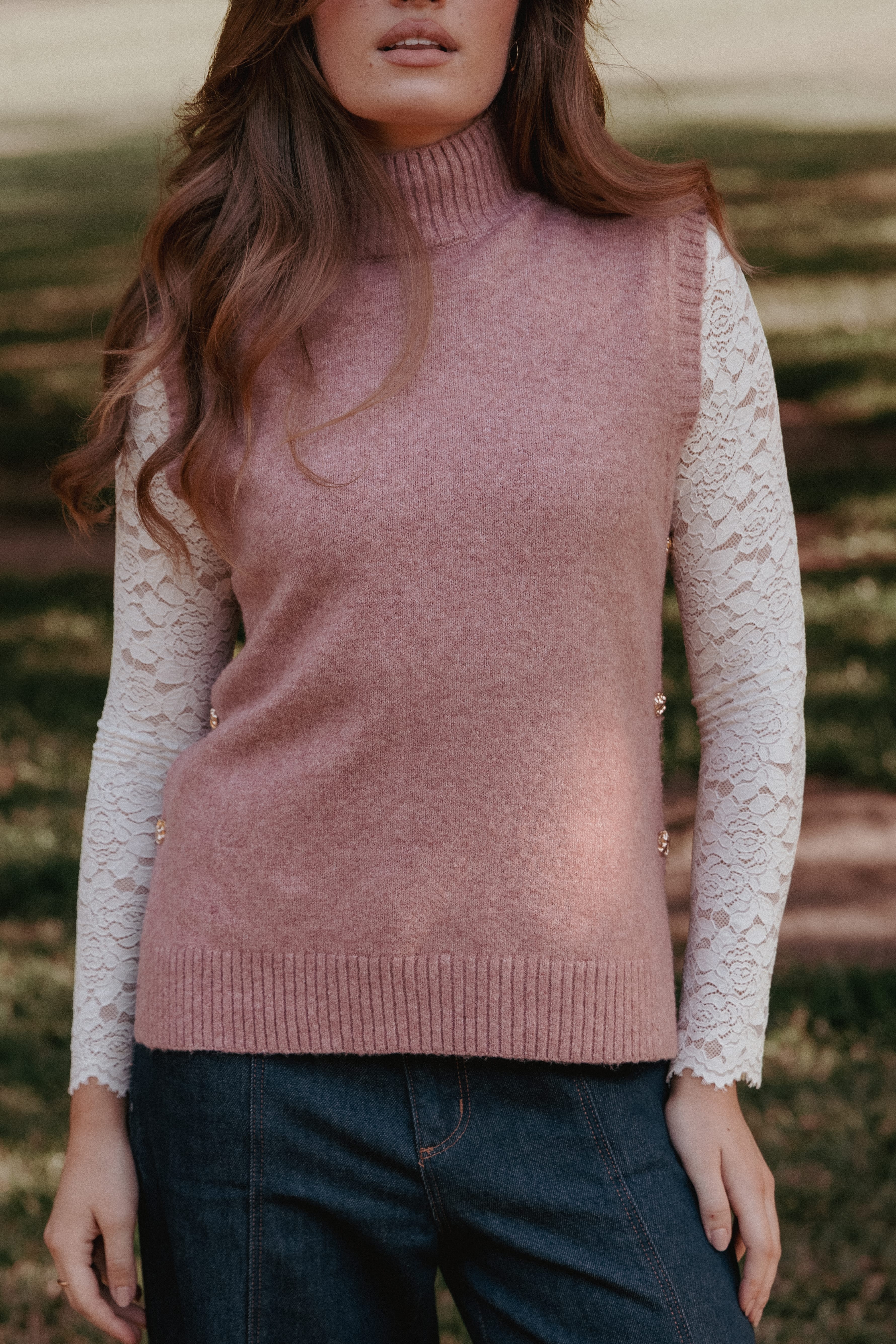 Freydis Side Button Sweater Top - Rose
