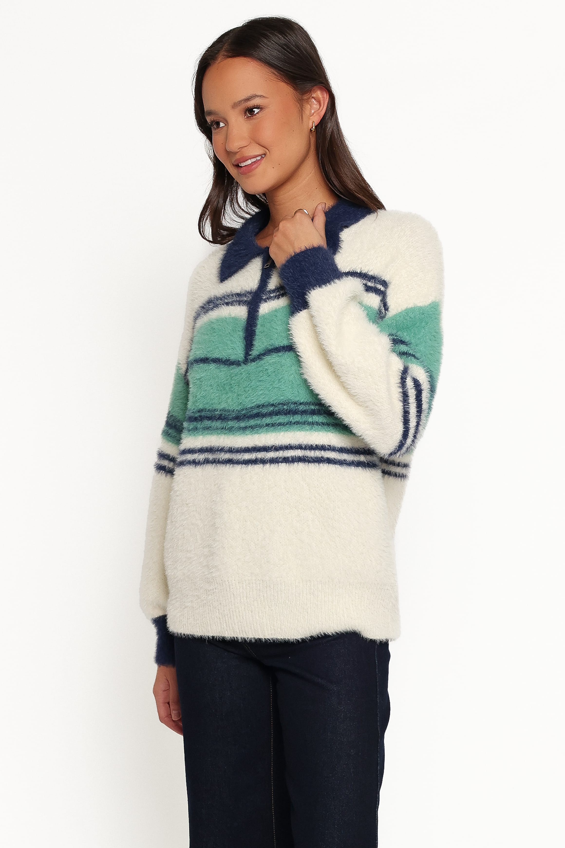 Vickie 1/4 Zip Sweater - Cream Green Stripe