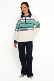 Vickie 1/4 Zip Sweater - Cream Green Stripe