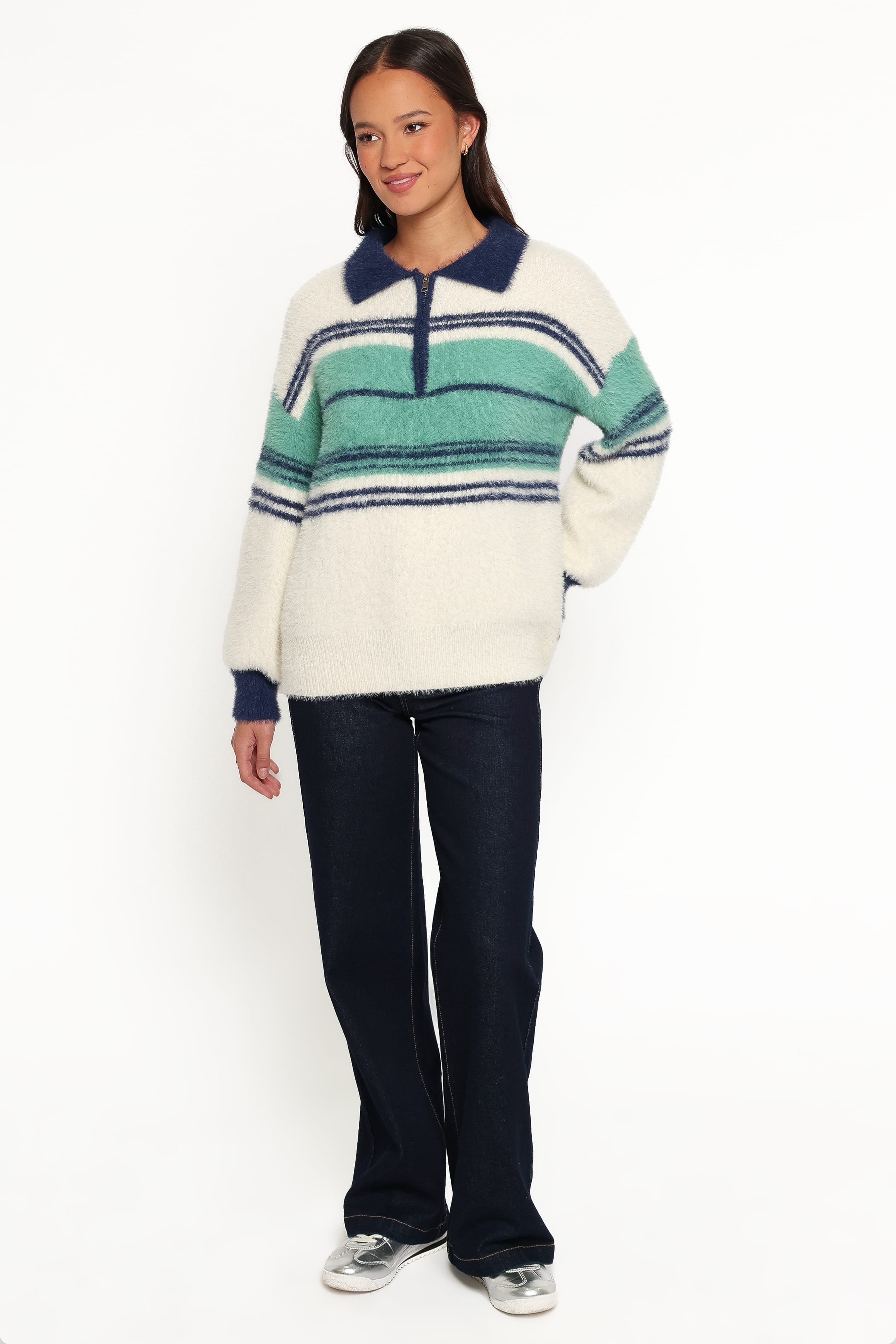 Vickie 1/4 Zip Sweater - Cream Green Stripe