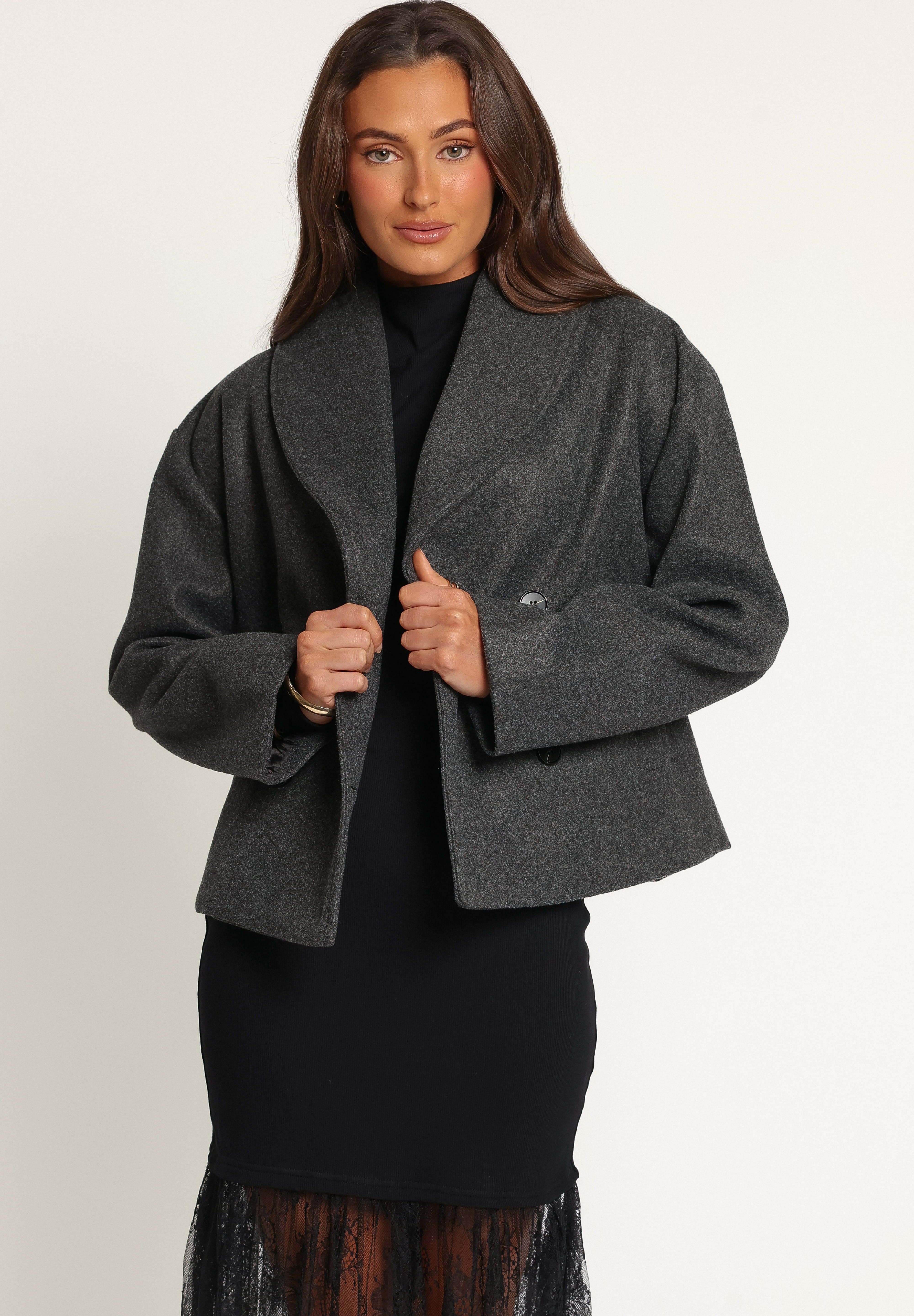 Darla Rolled Collar Car Coat - Charcoal Grey