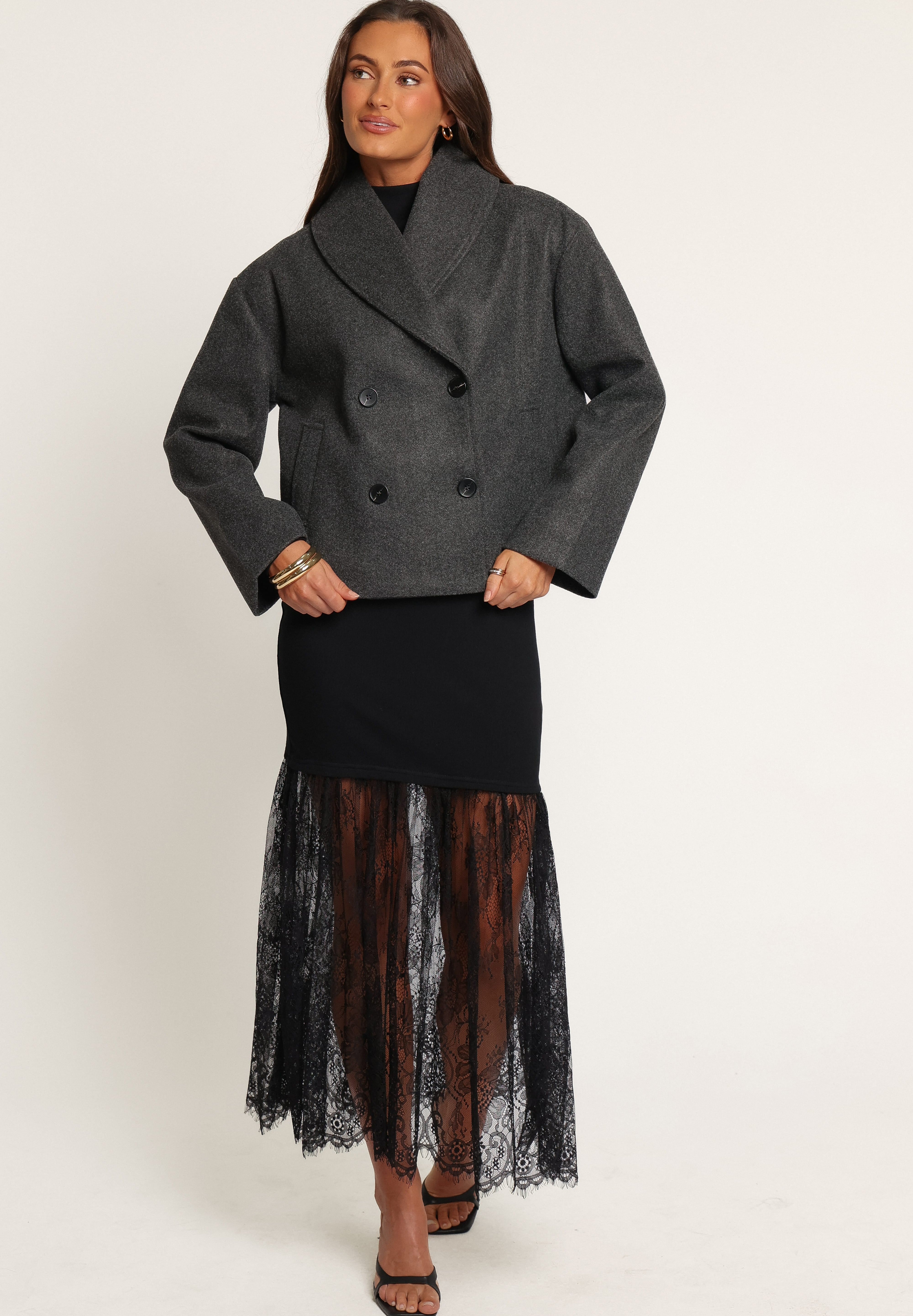 Darla Rolled Collar Car Coat - Charcoal Grey