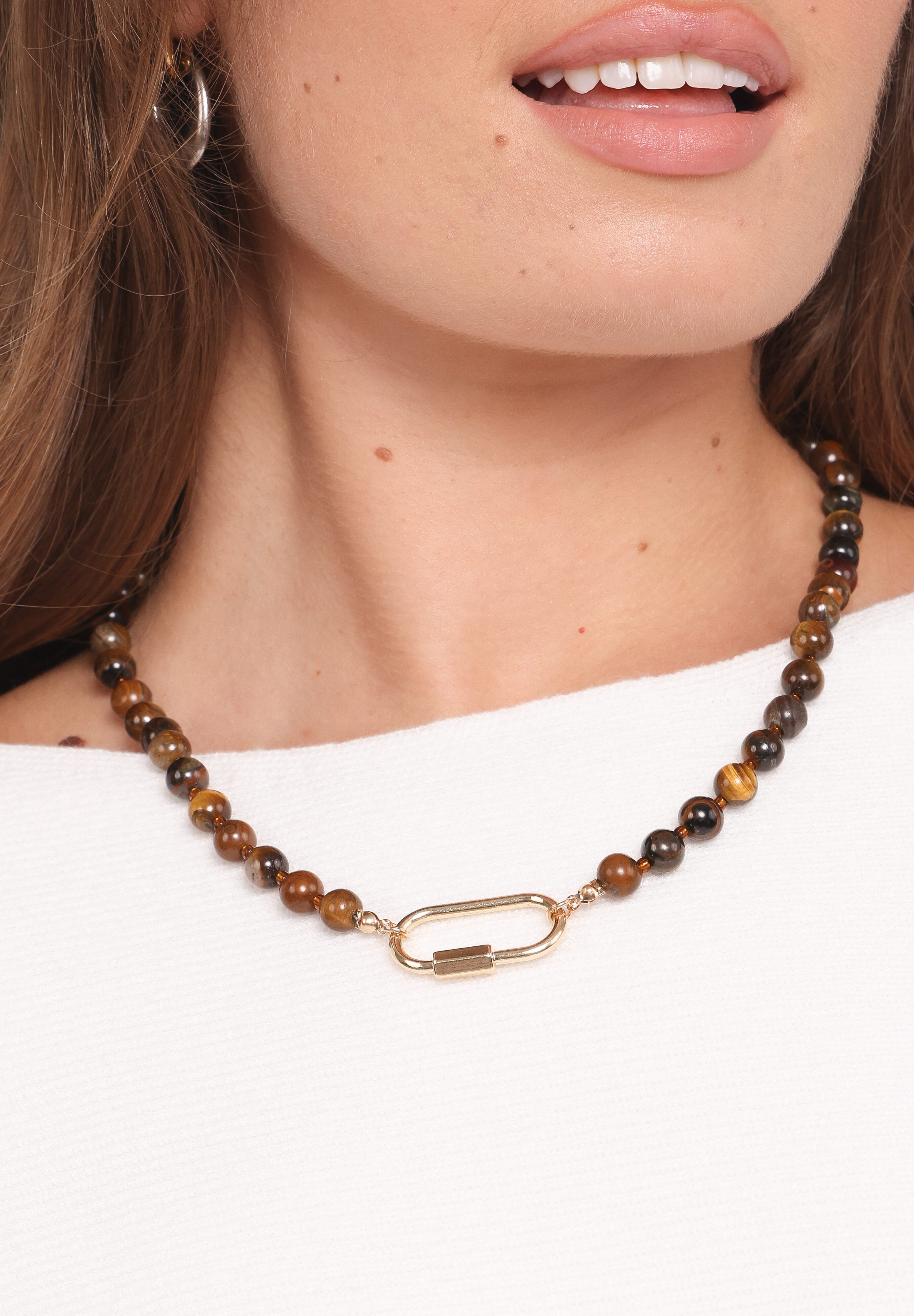 Ashtyn Beaded Gold Clasp Necklace - Brown