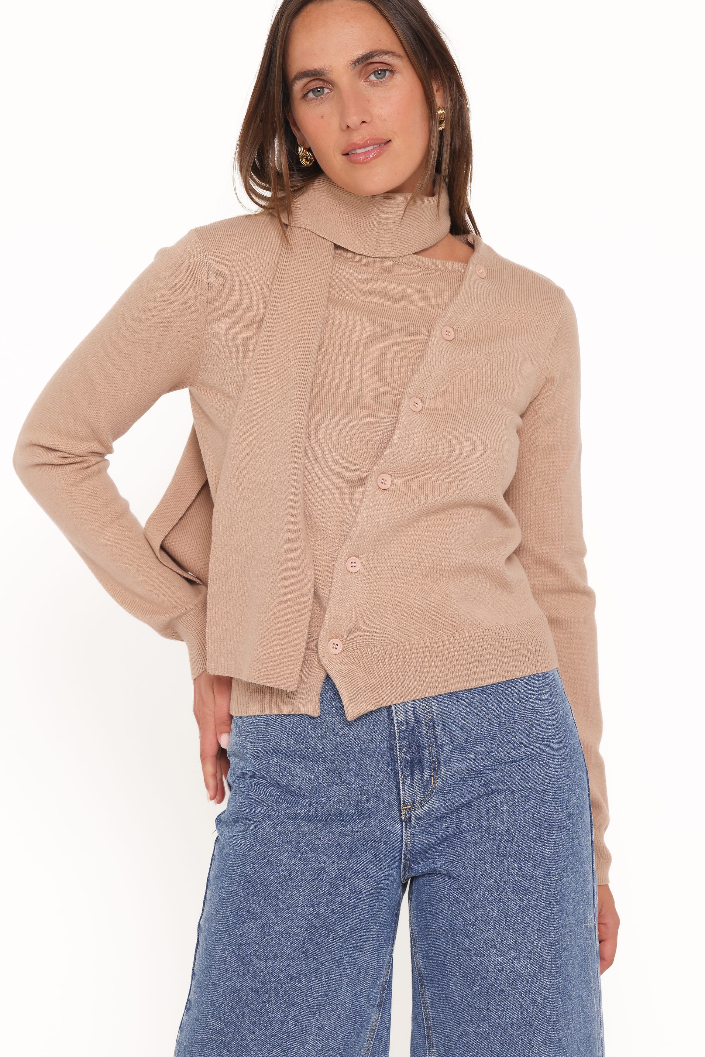 Gunhild Asymmetrical Scarf Cardigan - Beige