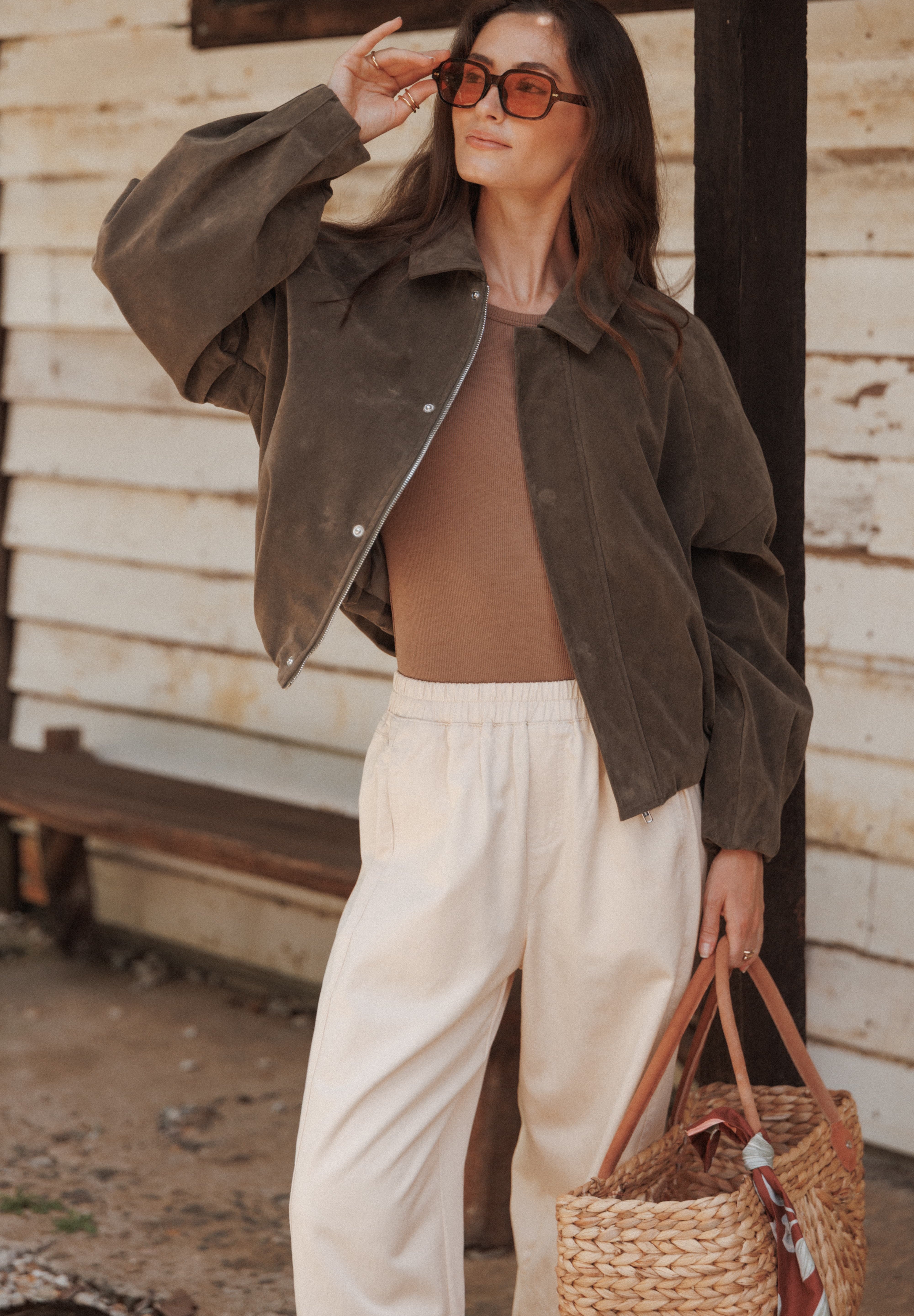 Jensen Faux Suede Bomber Jacket - Olive