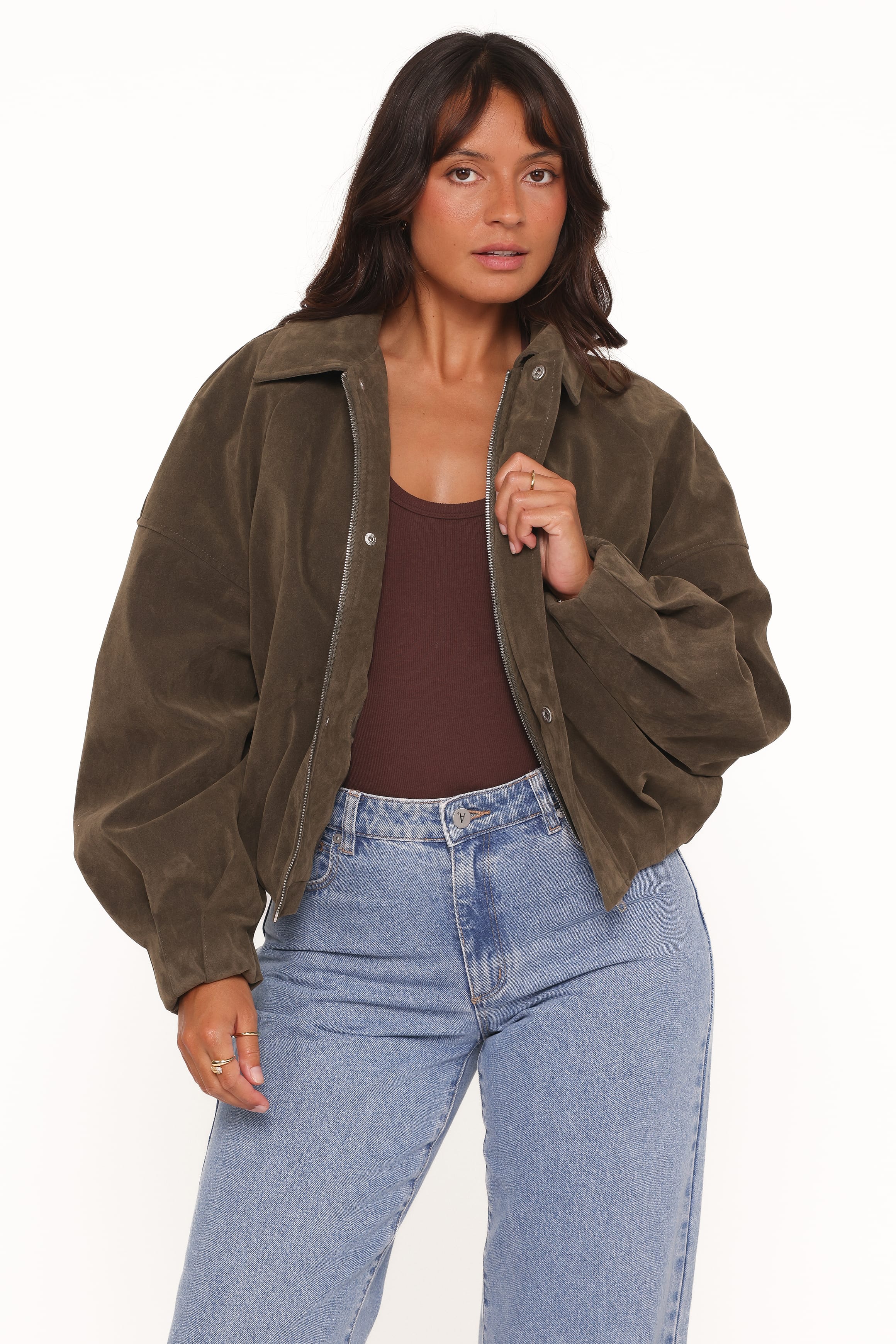 Jensen Faux Suede Bomber Jacket - Olive