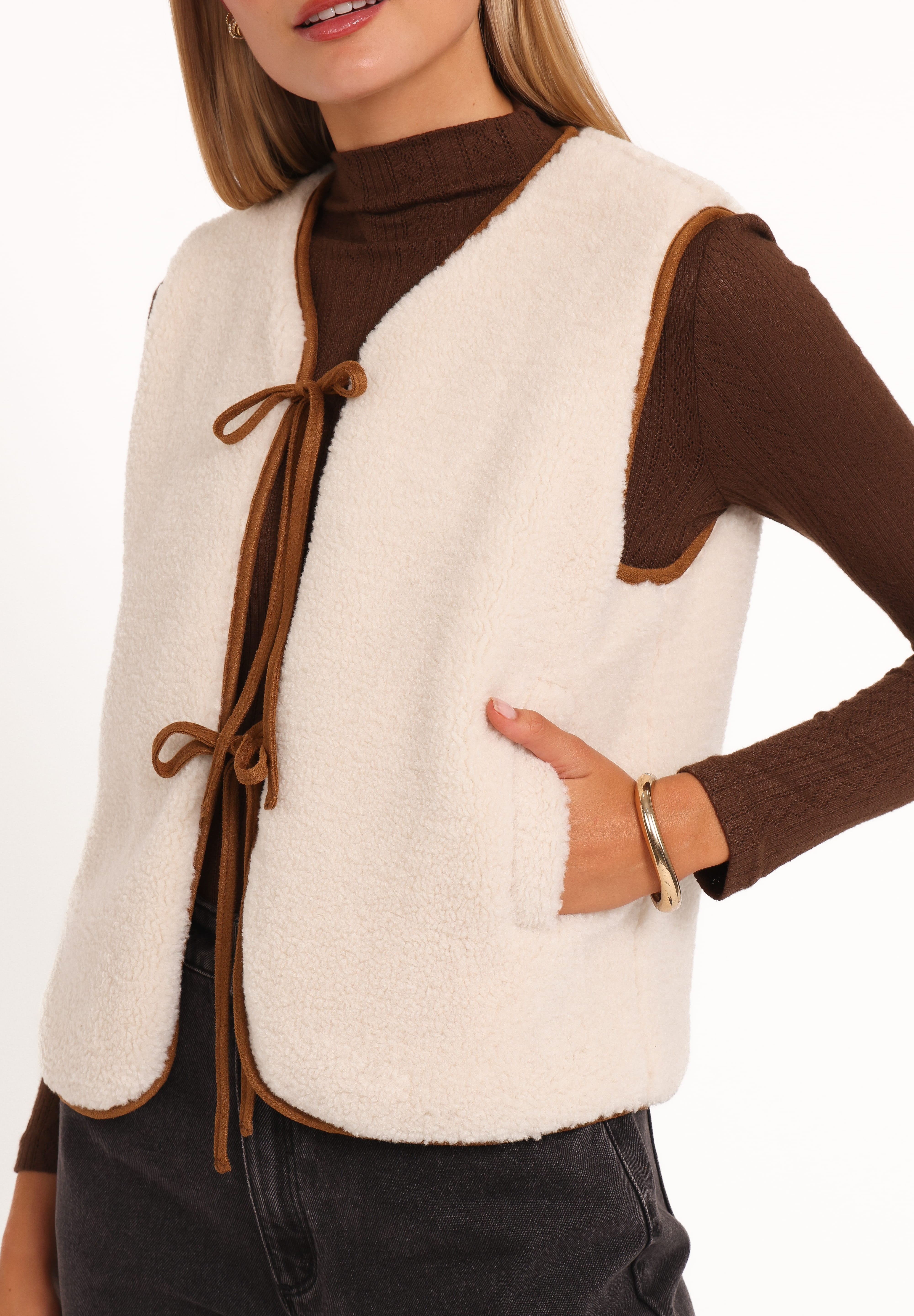 Laila Tie Front Vest - Cream Shearling