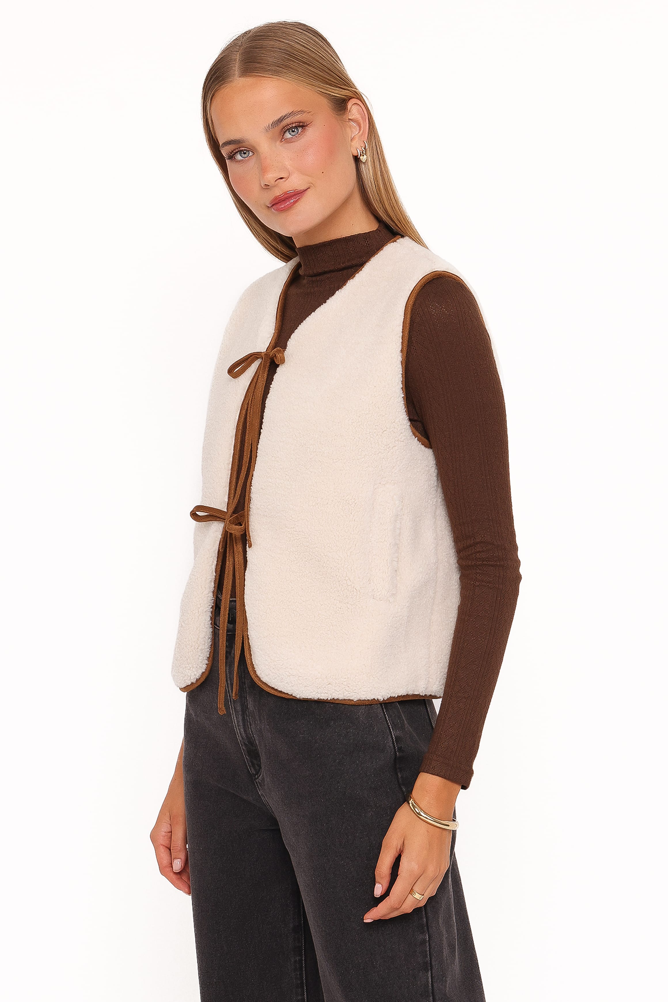 Laila Tie Front Vest - Cream Shearling