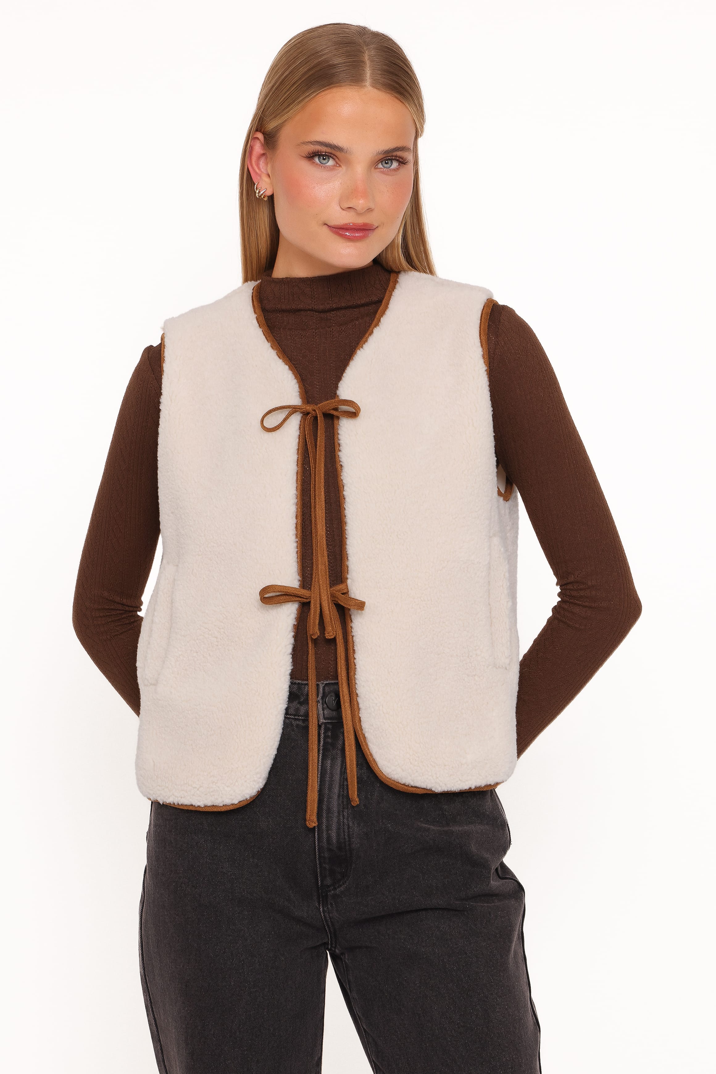 Laila Tie Front Vest - Cream Shearling