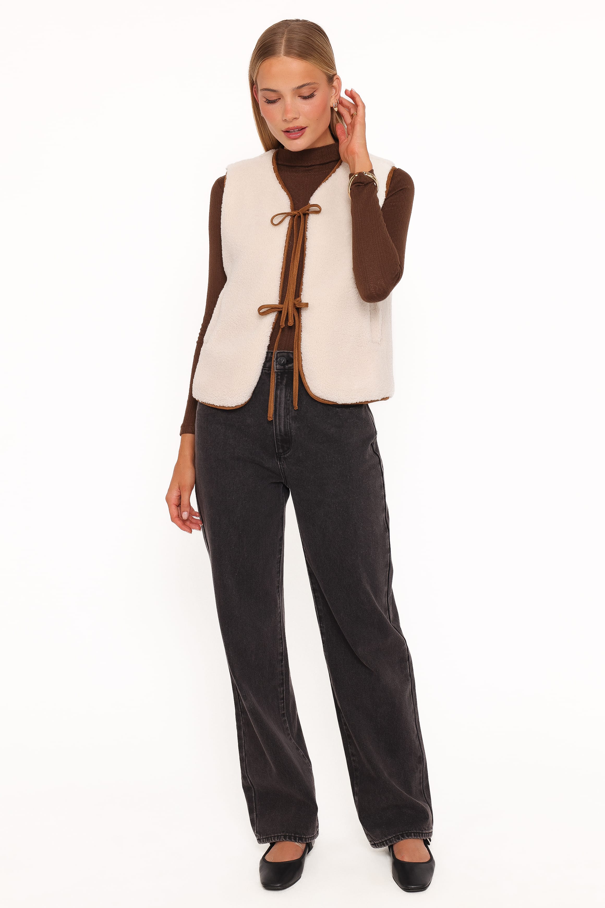 Laila Tie Front Vest - Cream Shearling