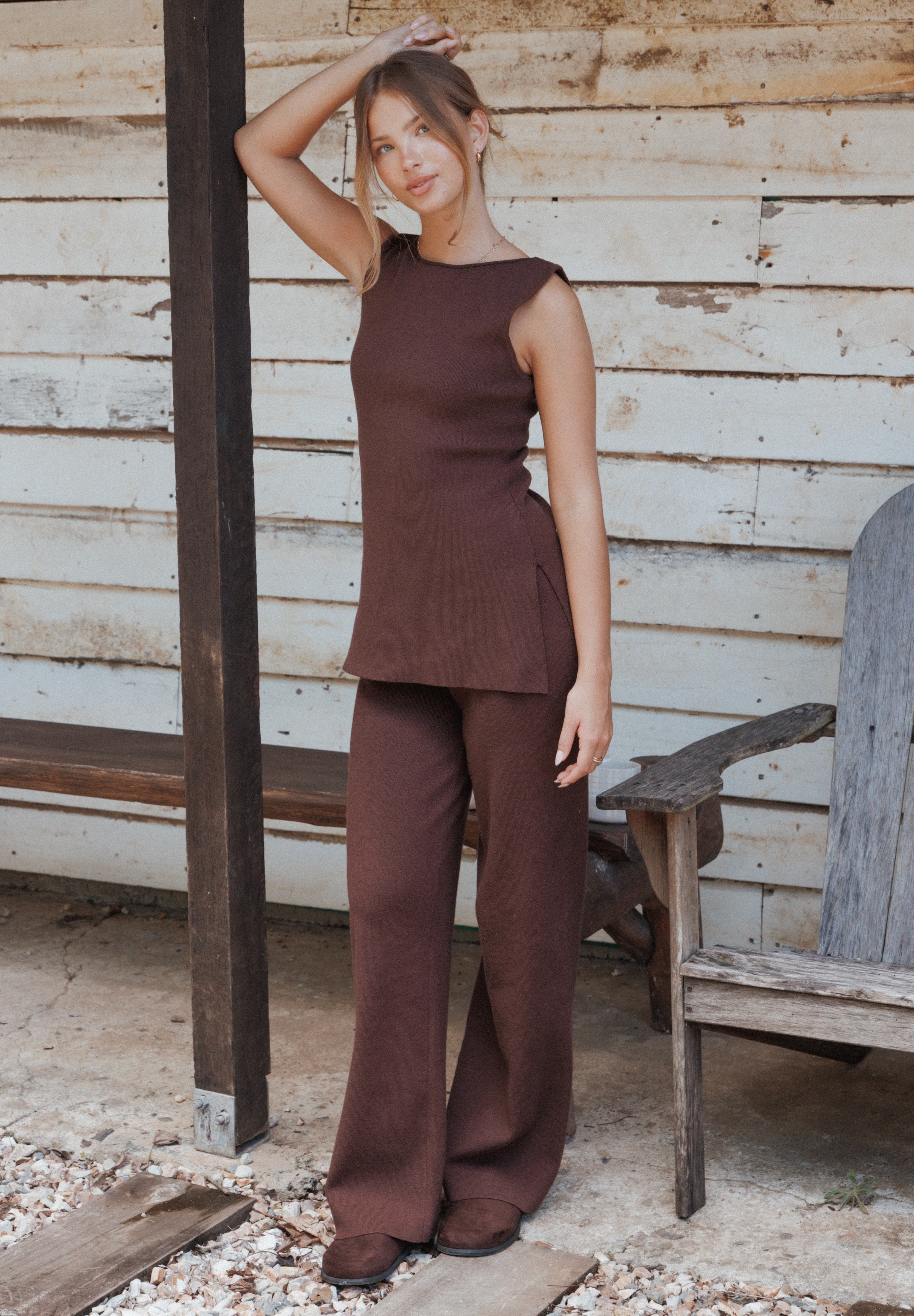 Beth Knitted Pant Set - Chocolate