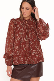 Elanira Ruffle Top - Rust Floral