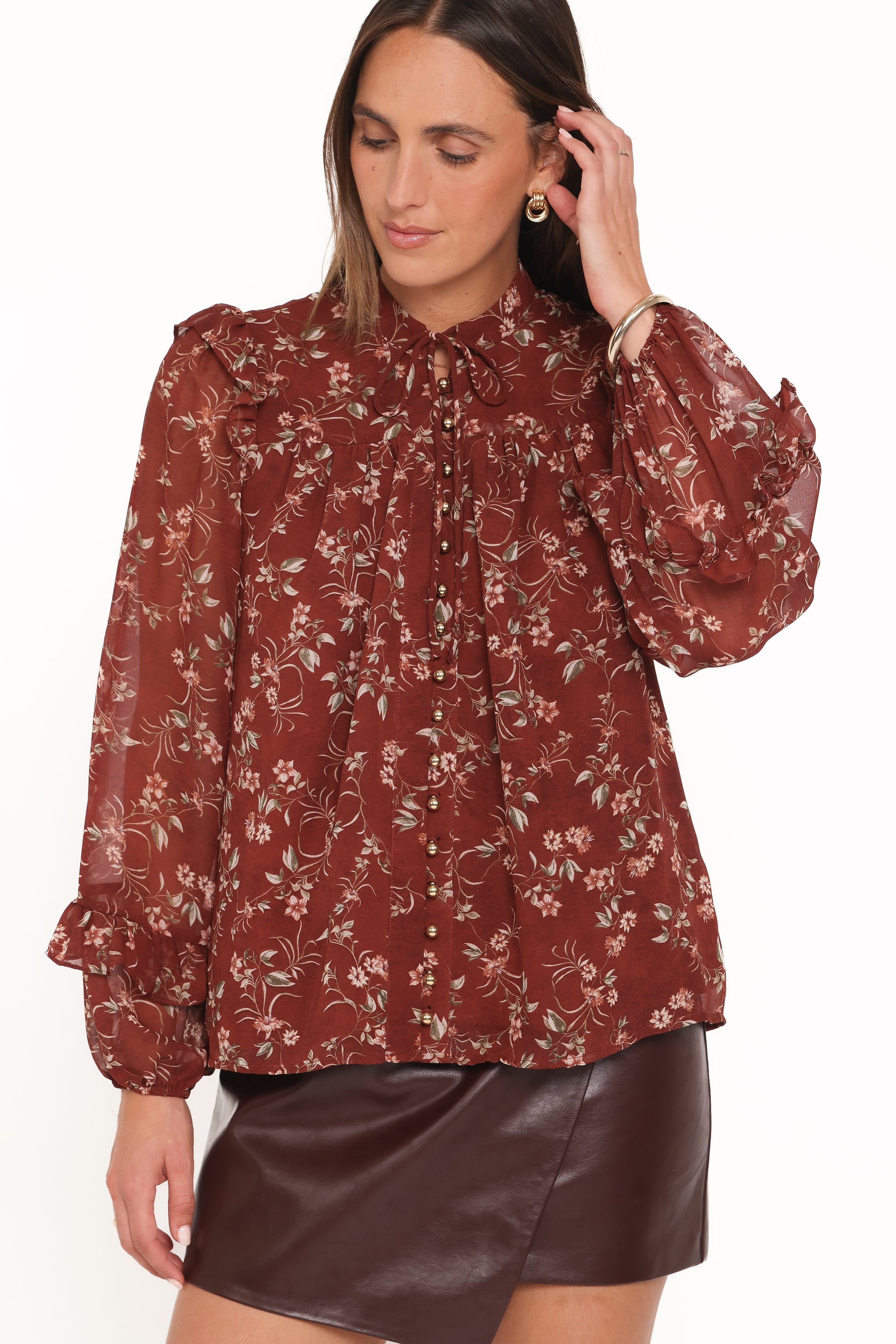 Elanira Ruffle Top - Rust Floral