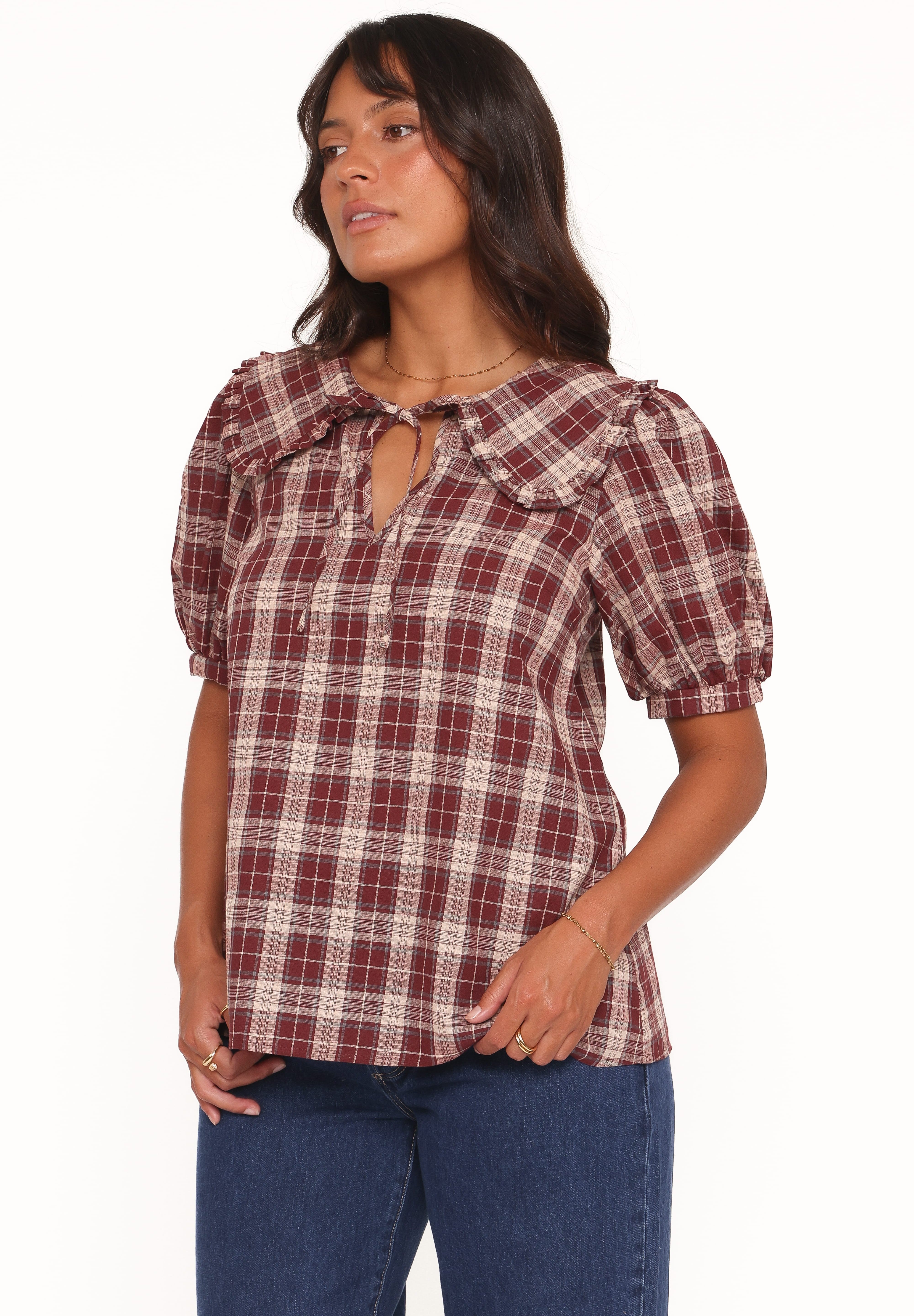 Evandri Frill Collar Top - Burgundy Plaid