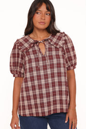 Evandri Frill Collar Top - Burgundy Plaid