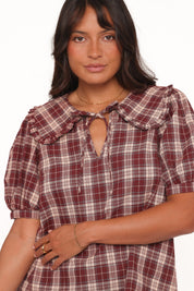 Evandri Frill Collar Top - Burgundy Plaid