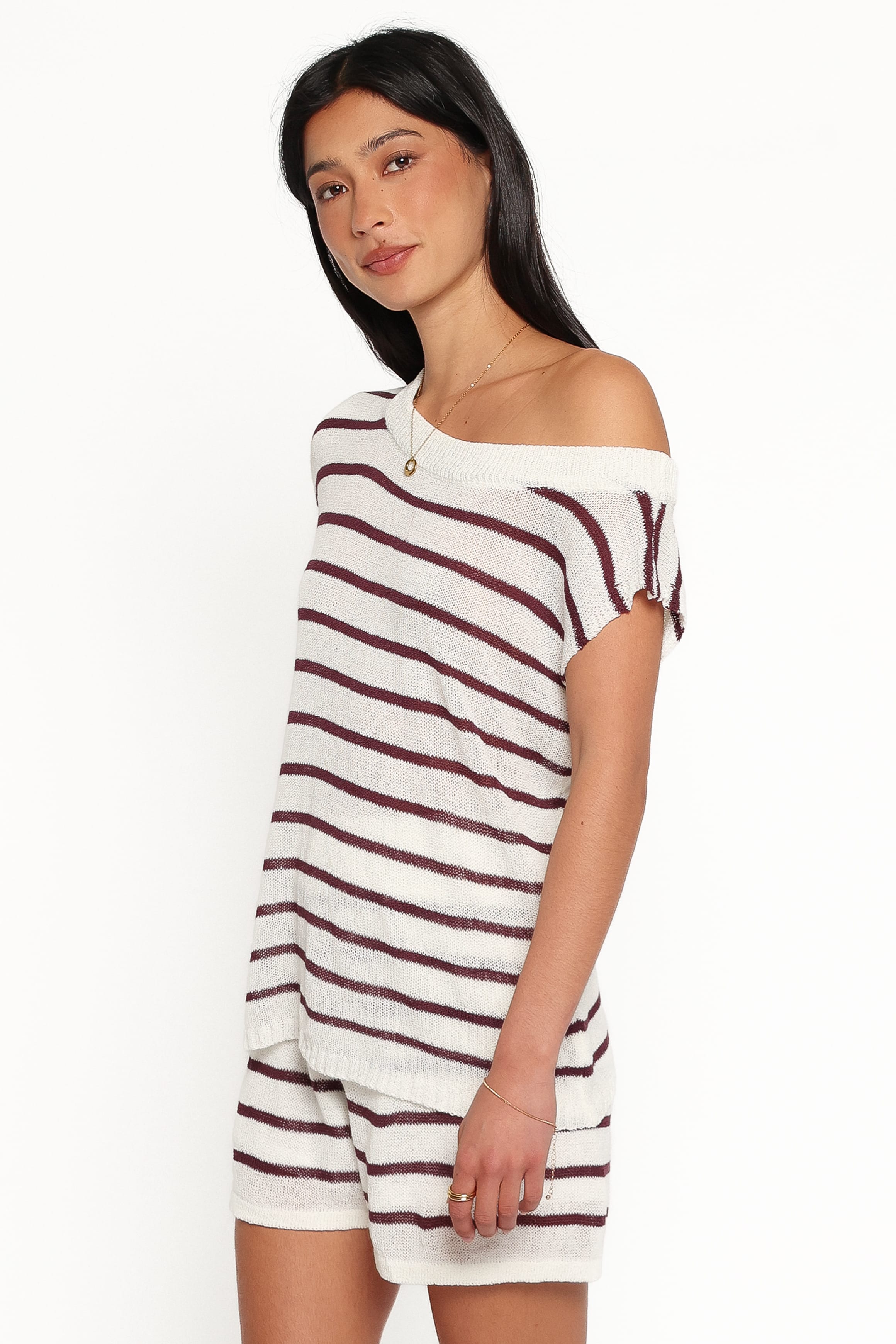 Janie Knitted Short Set - White Plum Stripe