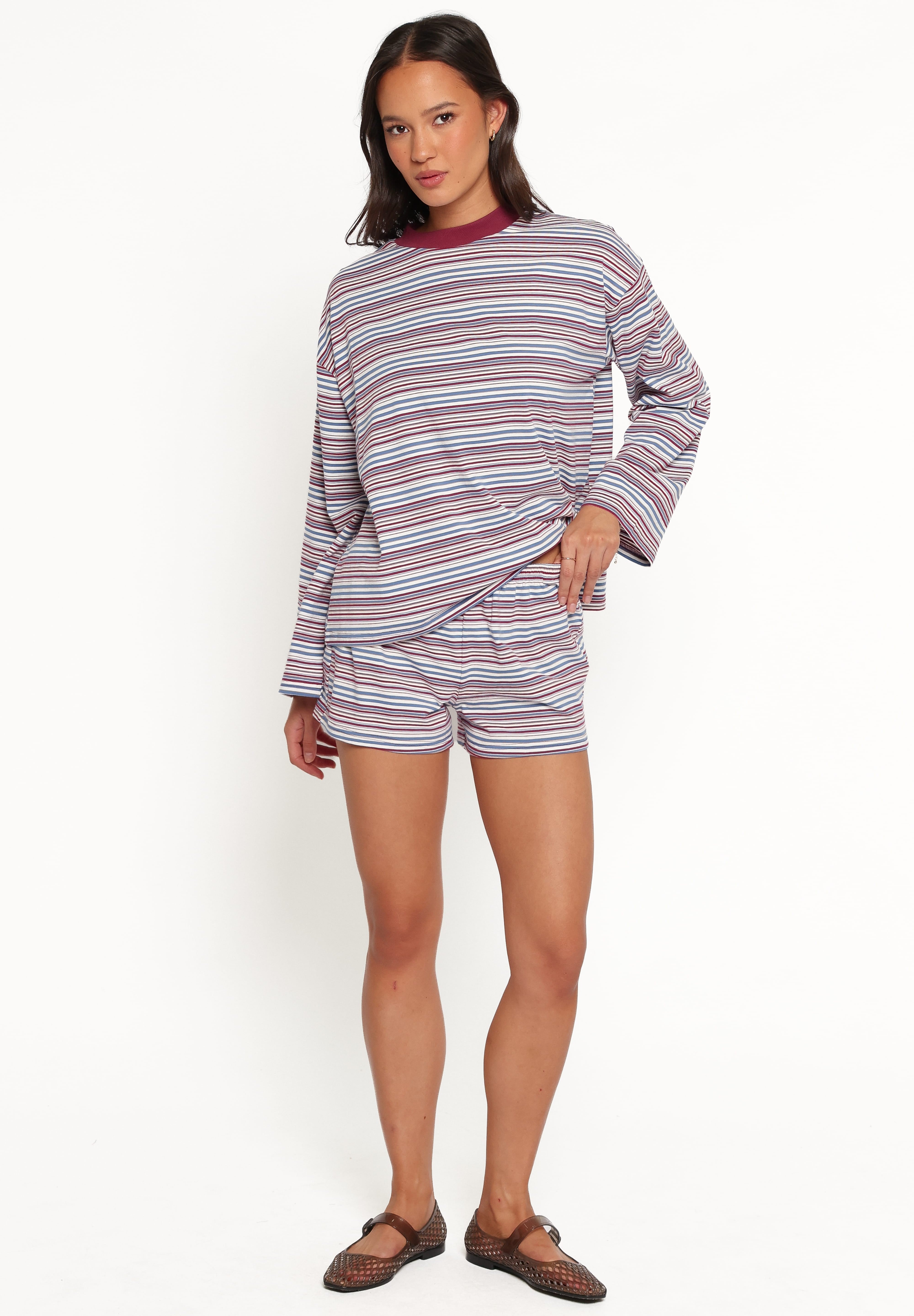 Silvia Knit Short Set - Burgundy Stripe