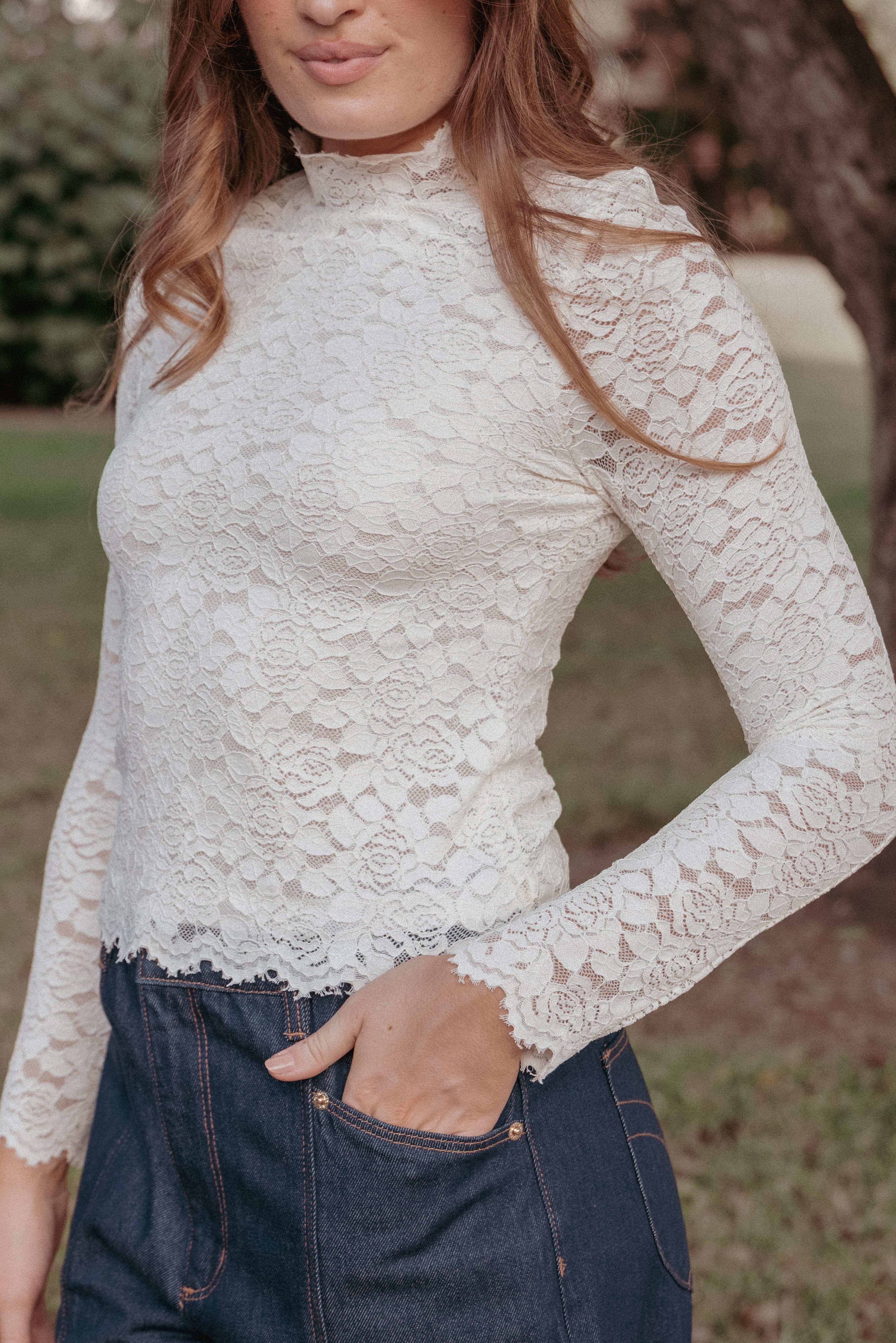 Beatriz Lace High Neck Top - Ivory