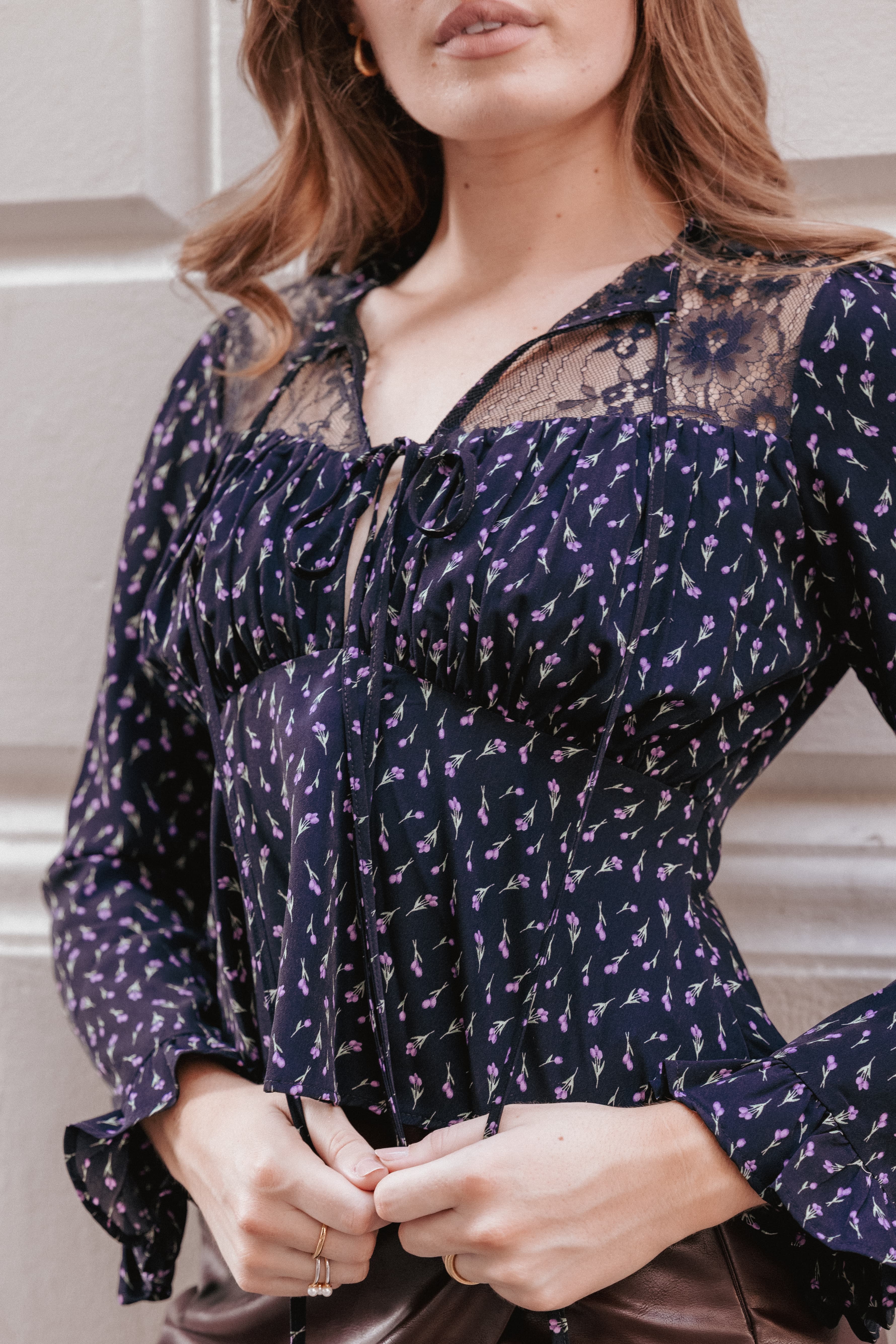 Caoimhe Lace Inset Top - Navy Tulip Floral