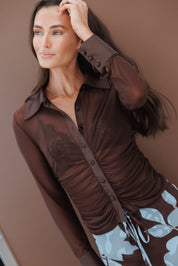 Carolyn Mesh Ruched Top - Chocolate