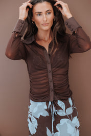 Carolyn Mesh Ruched Top - Chocolate