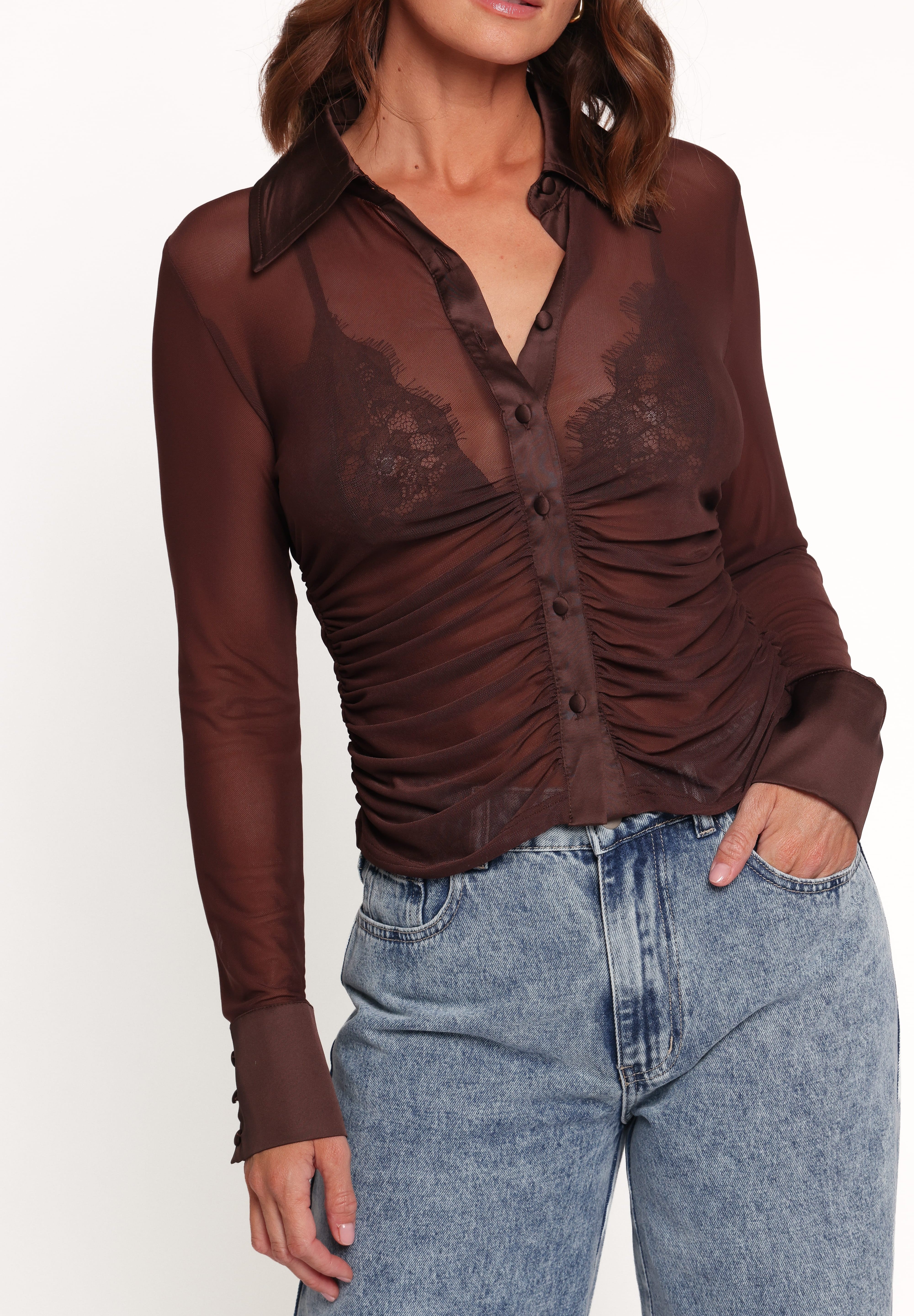 Carolyn Mesh Ruched Top - Chocolate