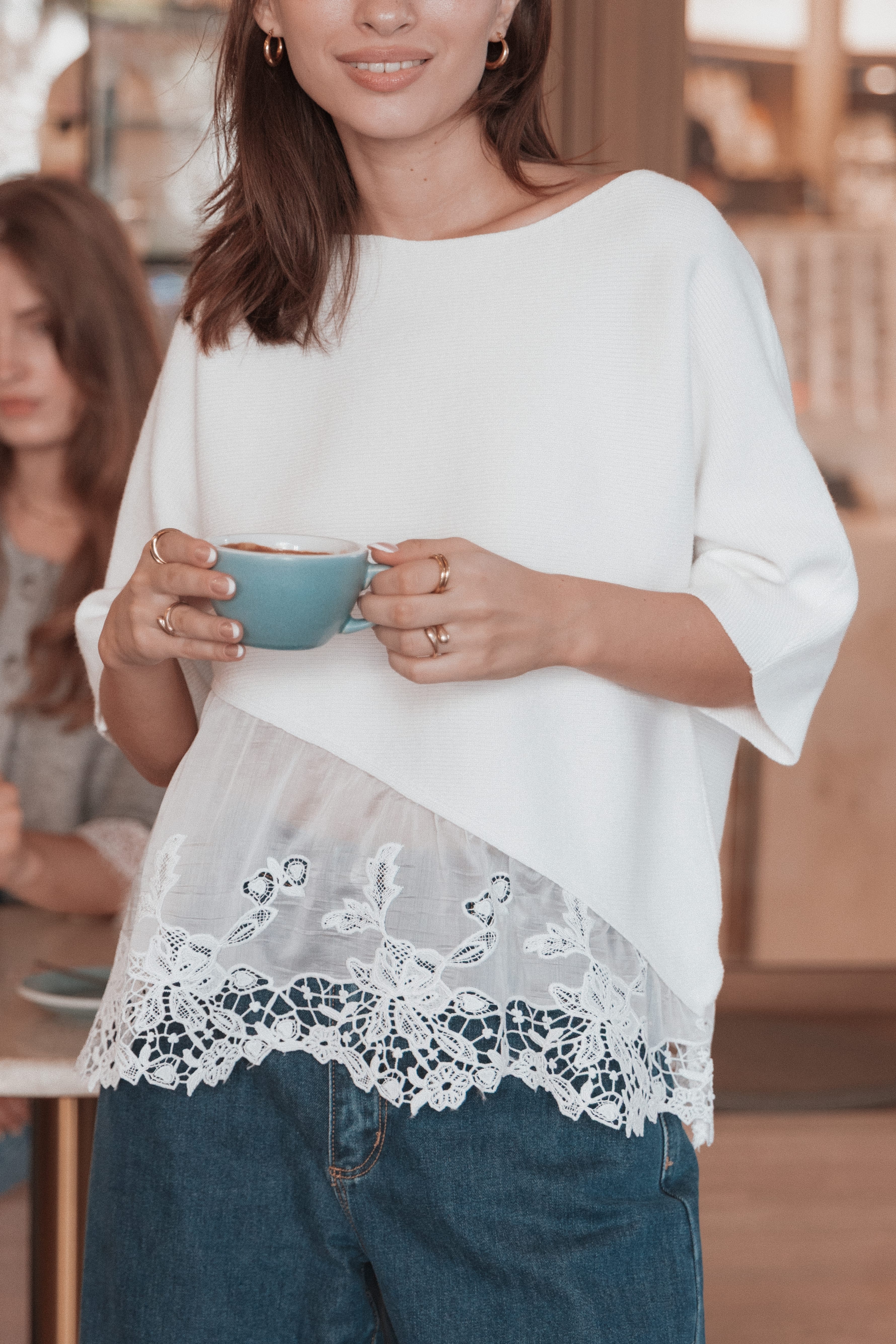 Chase Lace Hem Ribbed Top - Ivory
