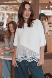 Chase Lace Hem Ribbed Top - Ivory