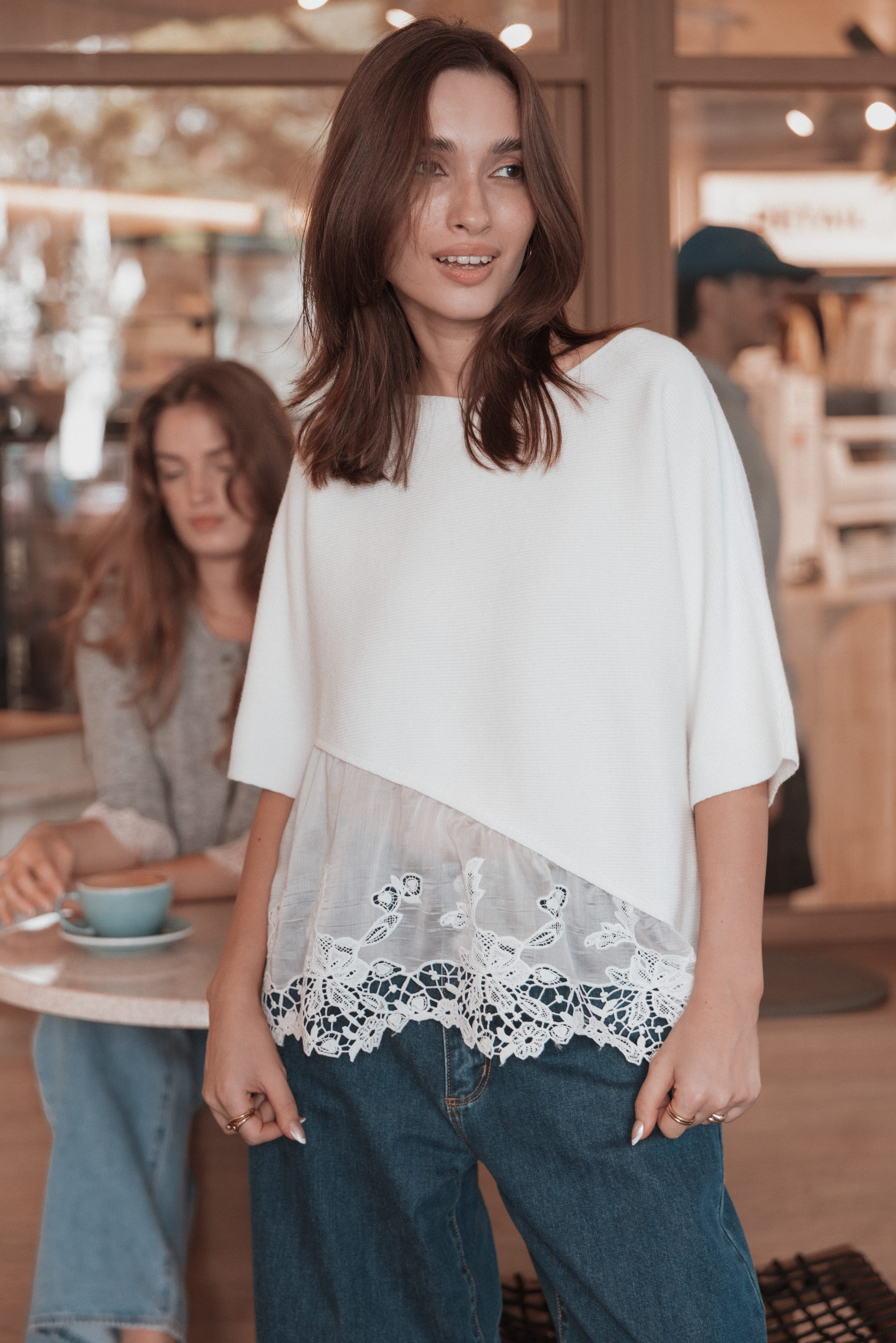 Chase Lace Hem Ribbed Top - Ivory