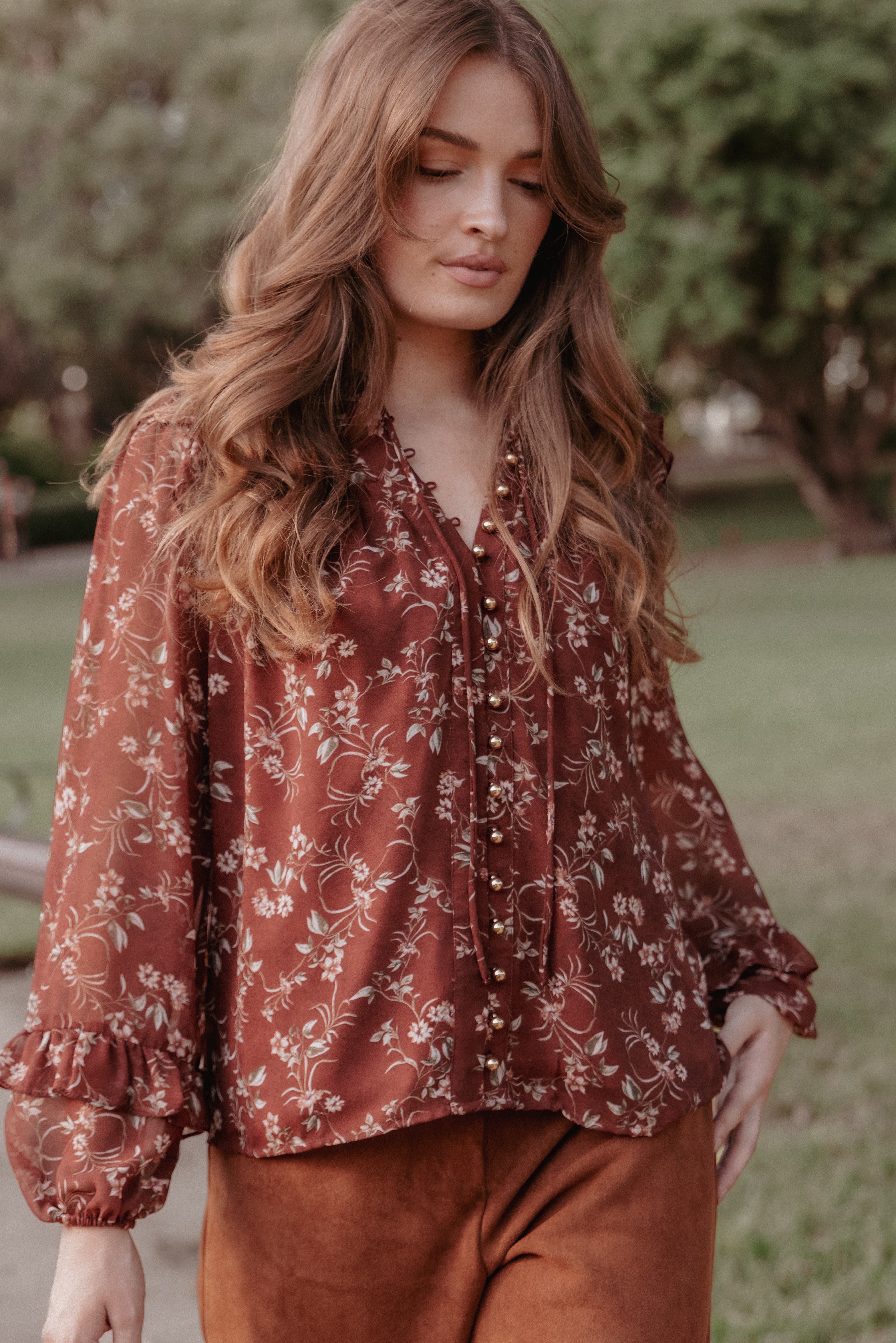 Elanira Ruffle Top - Rust Floral