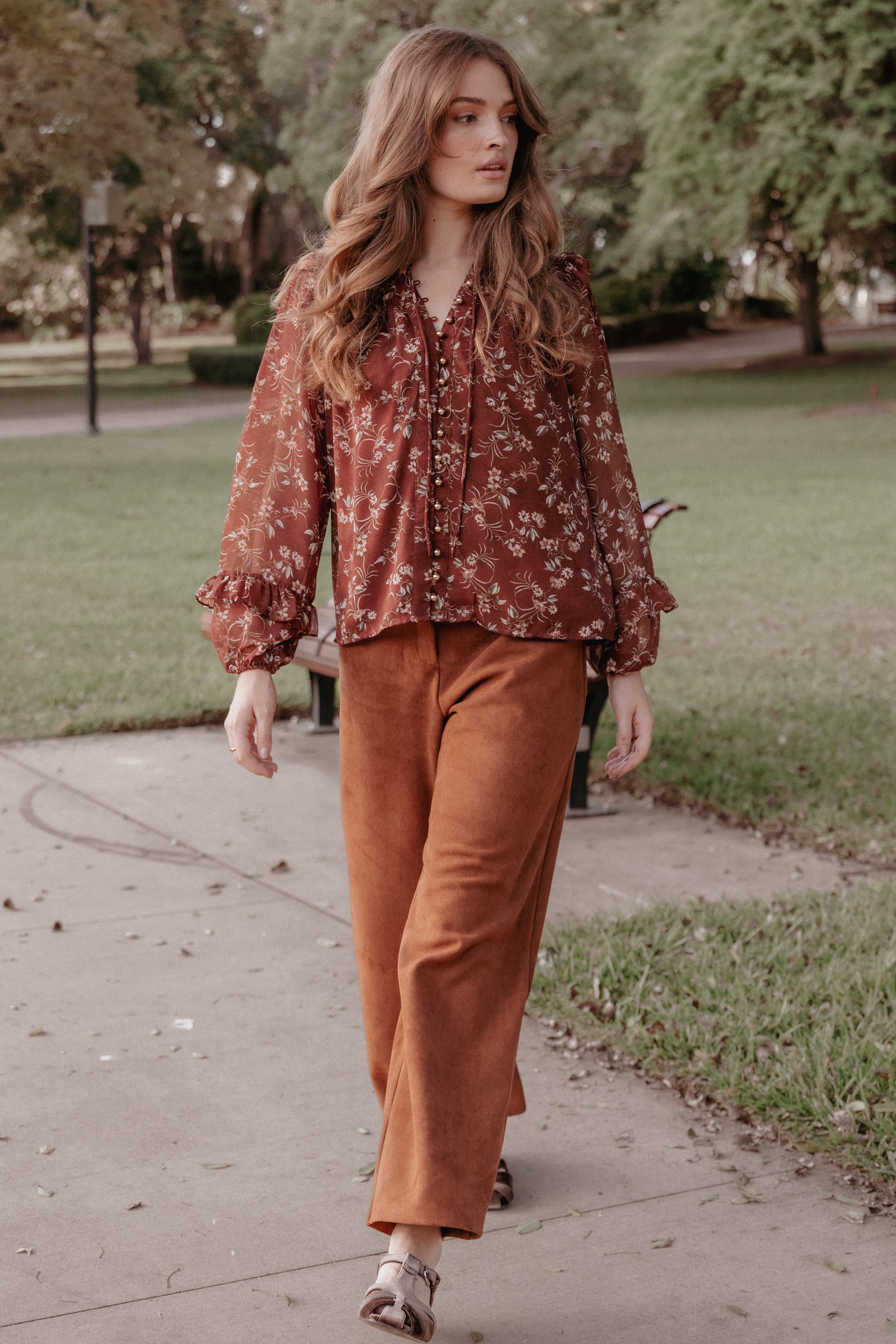 Elanira Ruffle Top - Rust Floral