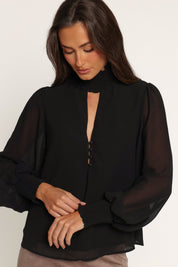 Linna Smocked Keyhole Top - Black