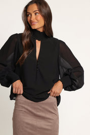 Linna Smocked Keyhole Top - Black