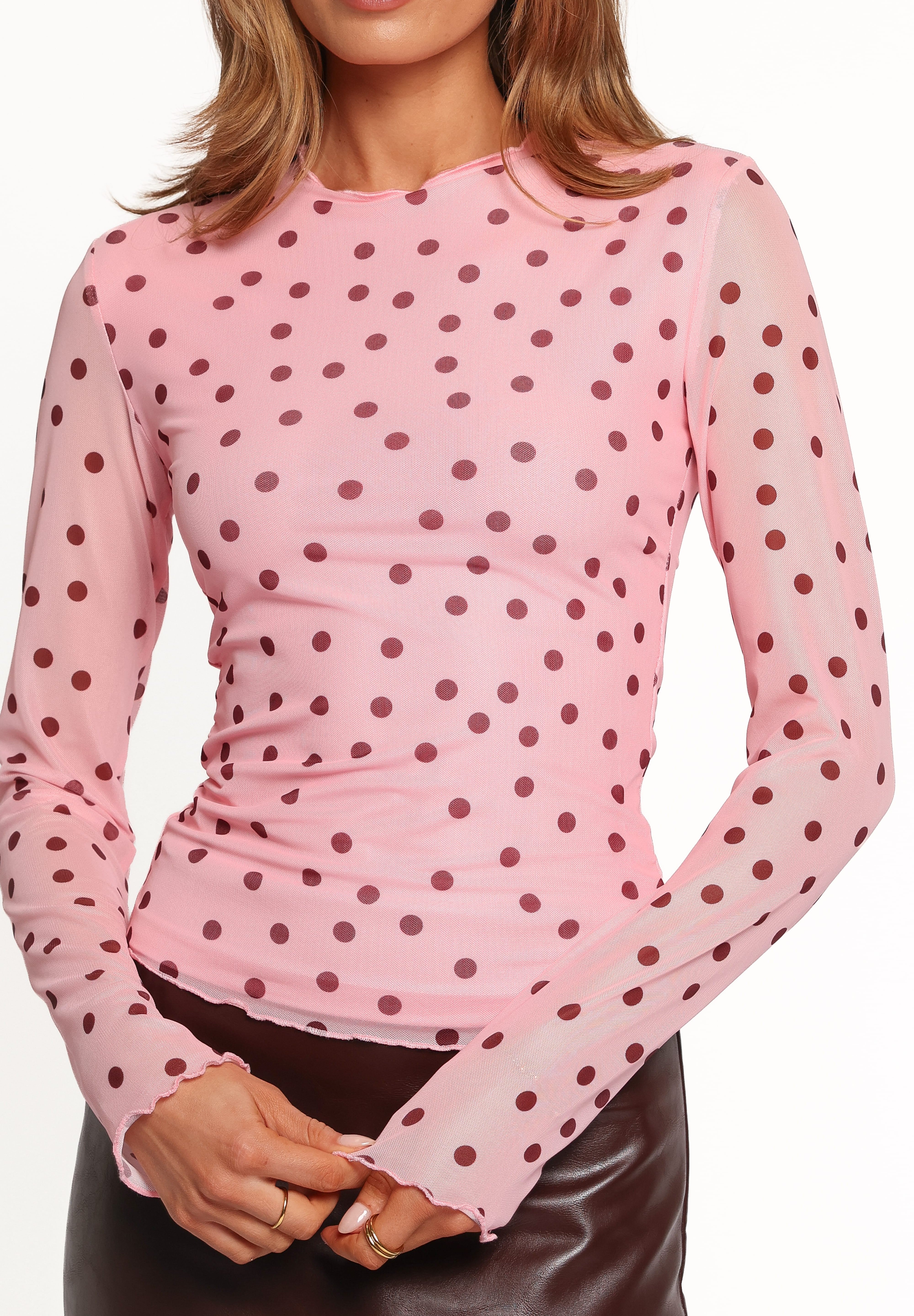 Tyla Mesh Long Sleeve Top - Pink Dot